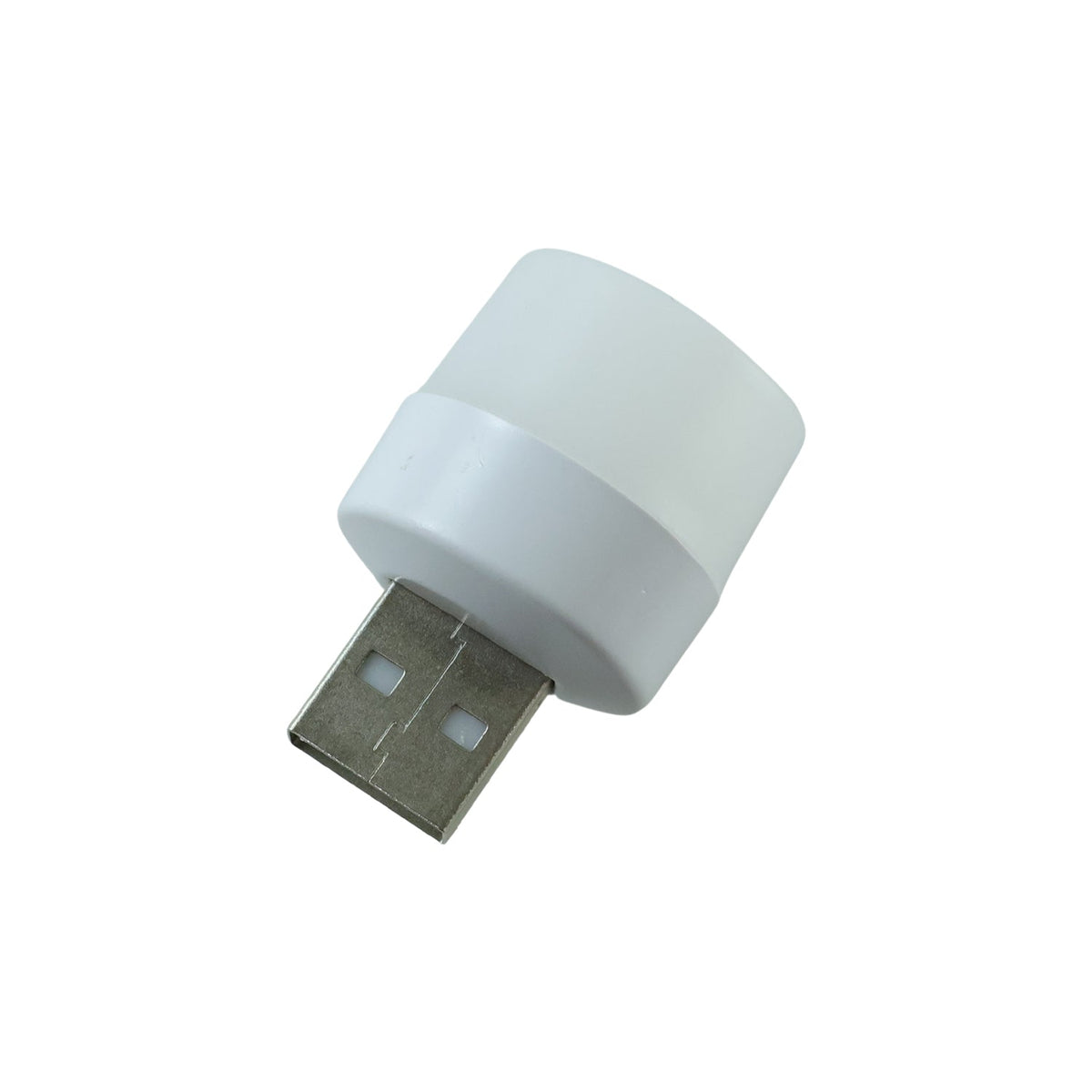 A white USB mini light bulb with a silver USB connector, angled on a plain white background.