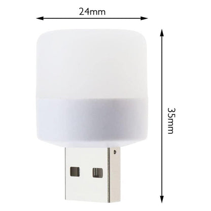 A white USB mini light bulb with a silver connector, displaying its dimensions of 24mm width and 35mm height.