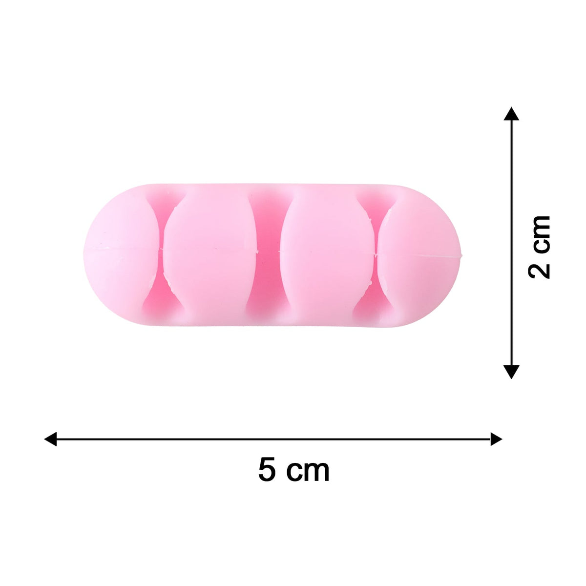 A single pink silicone cable organizer with four slots is shown with dimensions of 5 cm length and 2 cm width.