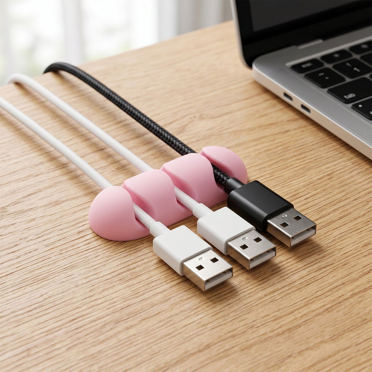A pink silicone cable organizer is attached to a wooden desk, holding three charging cables next to a laptop.