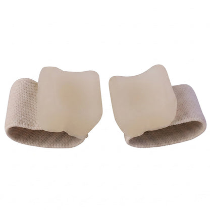 Two beige elastic toe separators with clear gel pads, viewed from the front, against a plain white background.