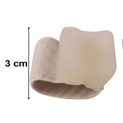 A single beige elastic toe separator with a clear gel pad, shown with a 3 cm measurement indicator on a white background.