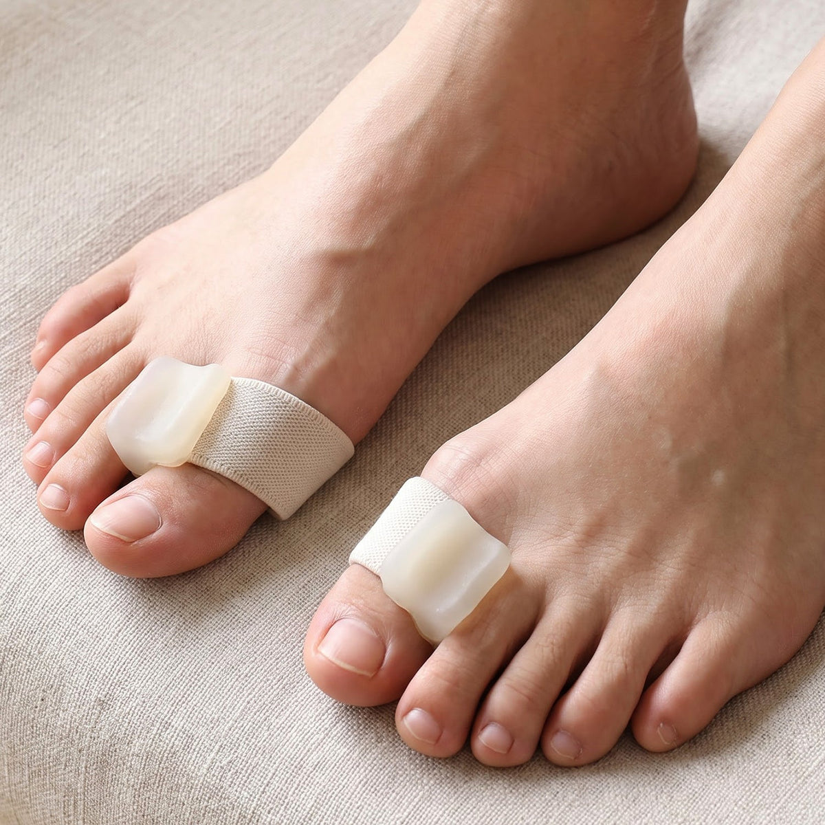 A pair of feet wearing beige elastic toe separators with clear gel pads, resting on a light brown fabric surface.