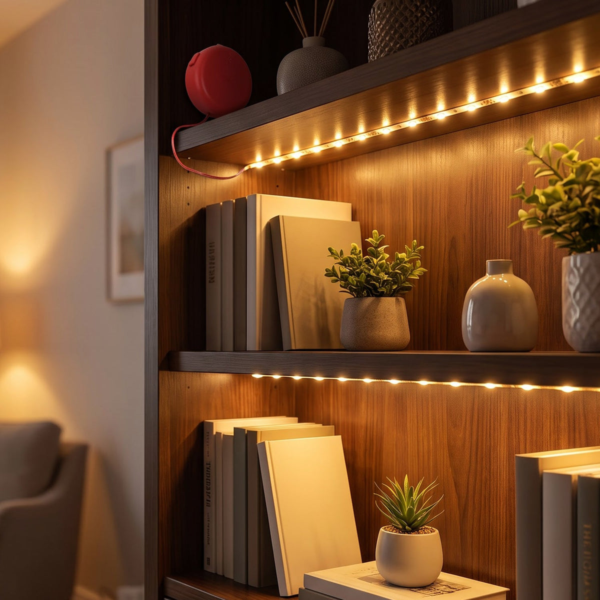LED strip lights illuminate a dark wooden bookshelf with books and small potted plants.