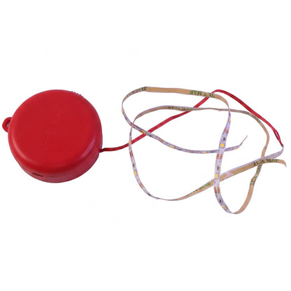 A red circular battery pack with a connected LED strip light and red wire on a white background.