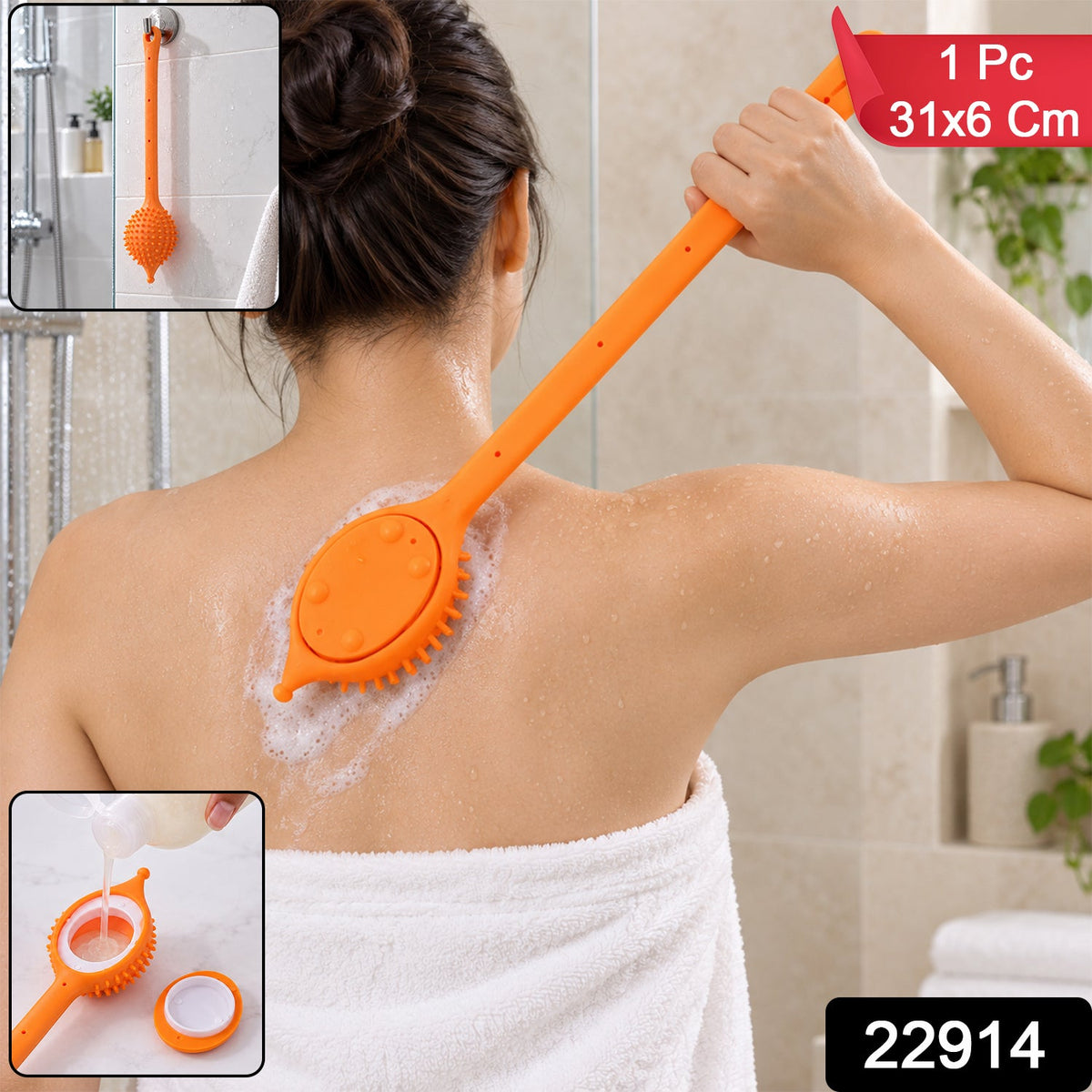 A person uses an orange silicone back scrubber with a soap dispenser on their back, with product details.