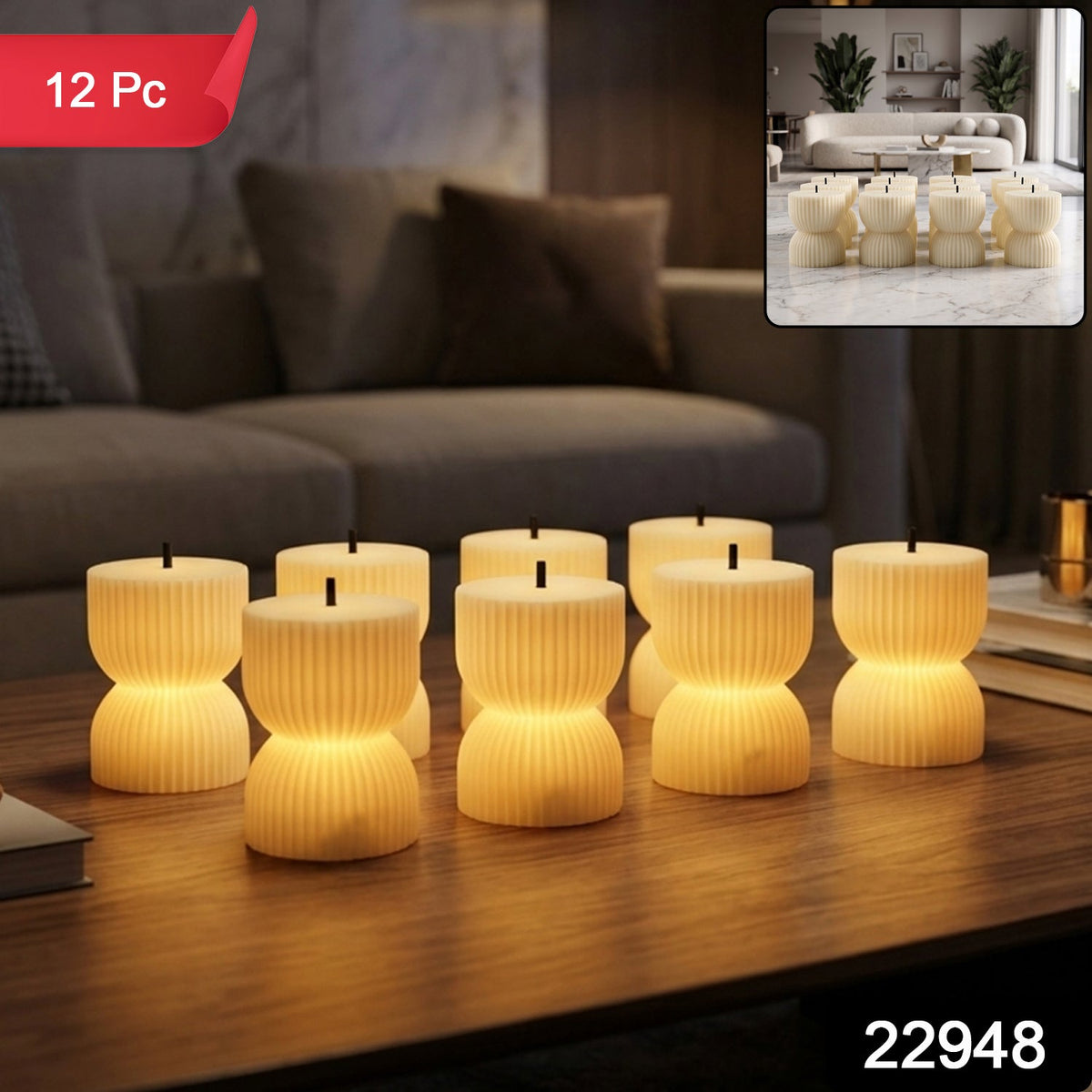 Seven glowing, ribbed, hourglass-shaped LED candles sit on a dark wood coffee table, with a small inset showing more candles.