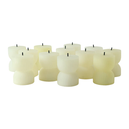Twelve unlit, cream-colored, ribbed, hourglass-shaped LED candles are arranged in three rows on a white background.