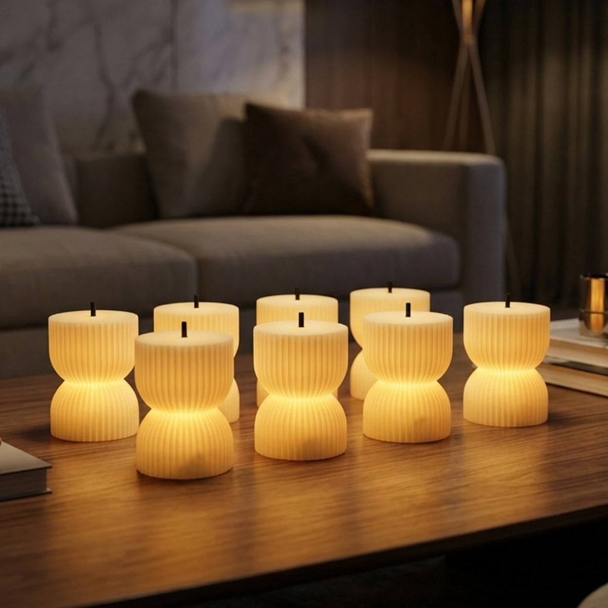 Seven illuminated, ribbed, hourglass-shaped LED candles glow on a dark wood coffee table in a softly lit living room.