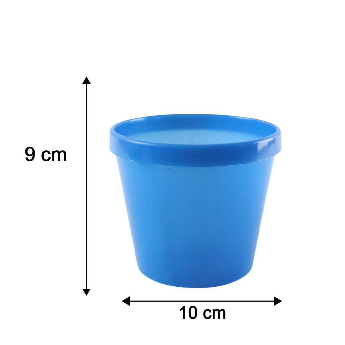 A blue plastic planter pot displays its height of 9 cm and diameter of 10 cm.