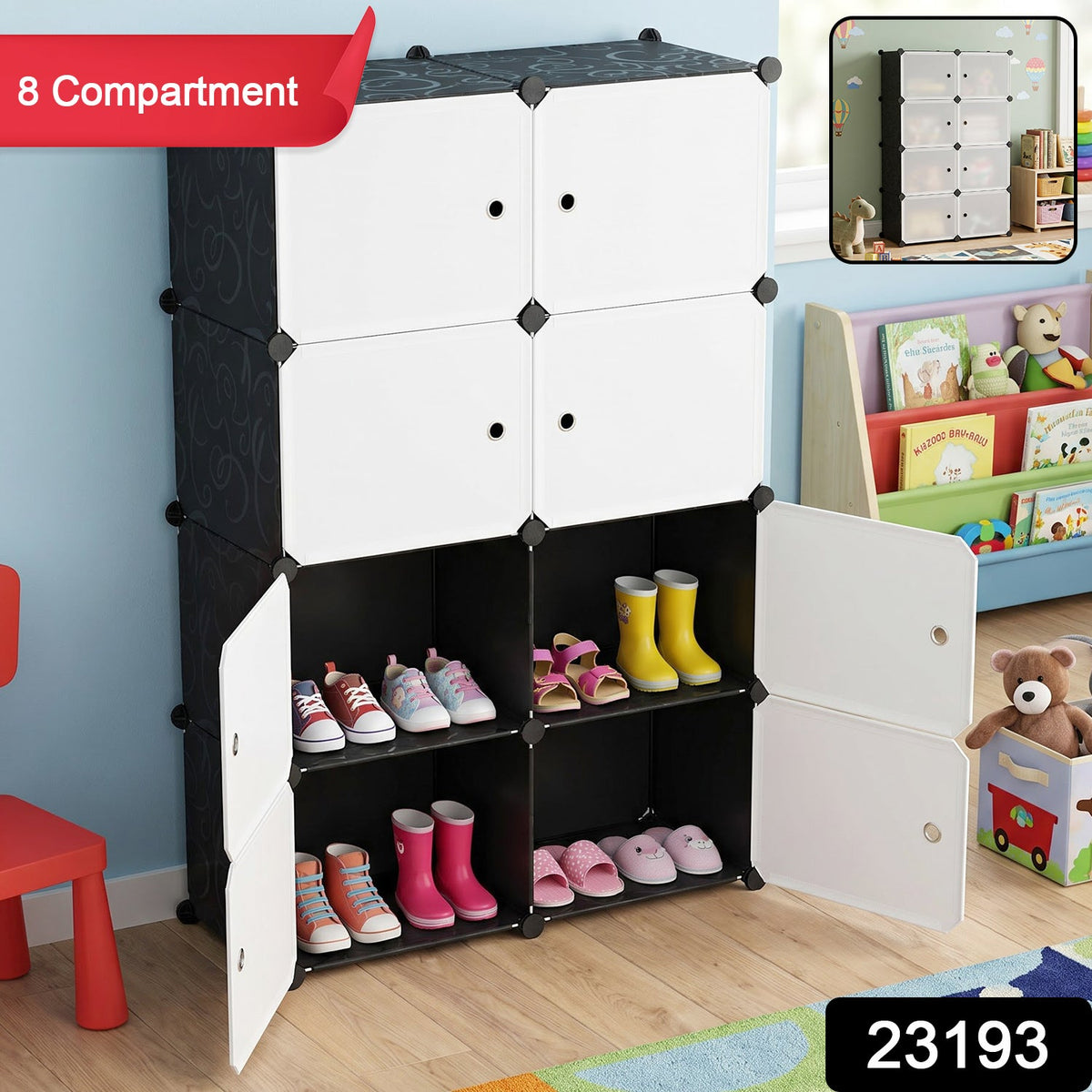 Black and white modular storage cabinet with an "8 Compartment" label in the top left corner.