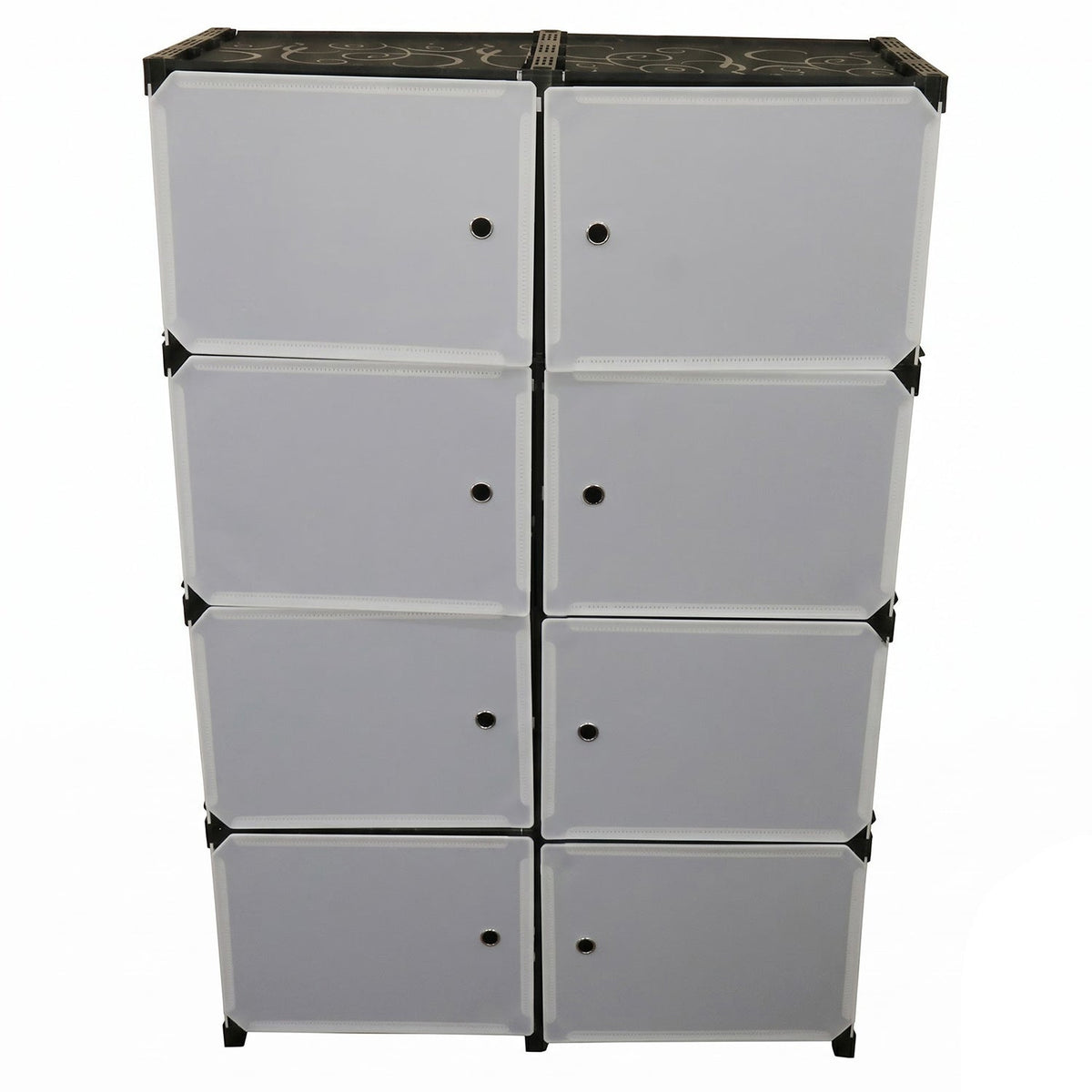 Front view of a black and white modular storage cabinet with eight white doors.
