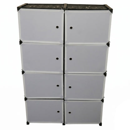 Front view of a black and white modular storage cabinet with eight white doors.