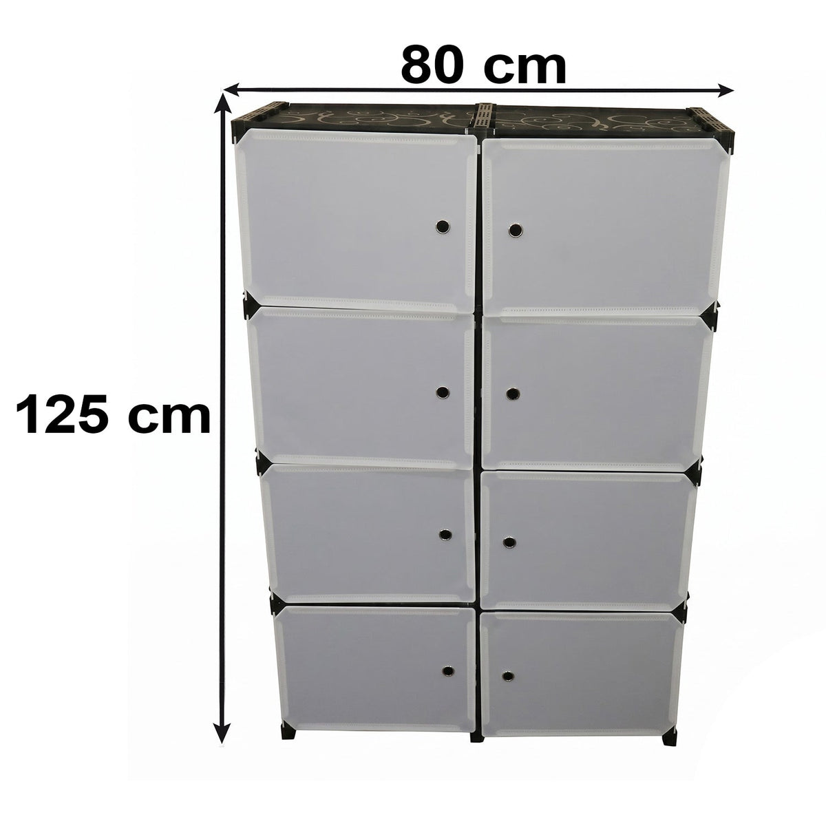 Front view of a black and white modular storage cabinet with dimensions of 80cm width and 125cm height.