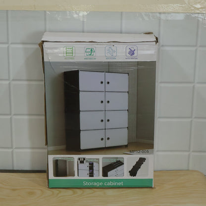Cardboard box for a storage cabinet, showing an image of the product and assembly instructions.
