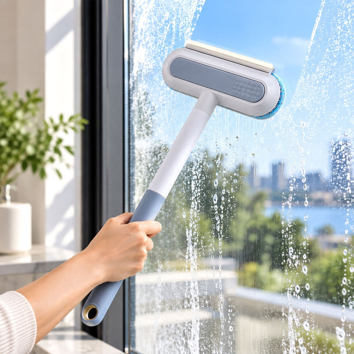 A person's hand holds a long-handled window cleaner with a gray and white head, wiping a soapy window.