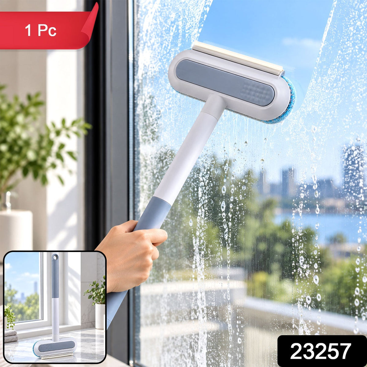 A person cleans a window with a gray and white tool, showing a small inset image of the full product.