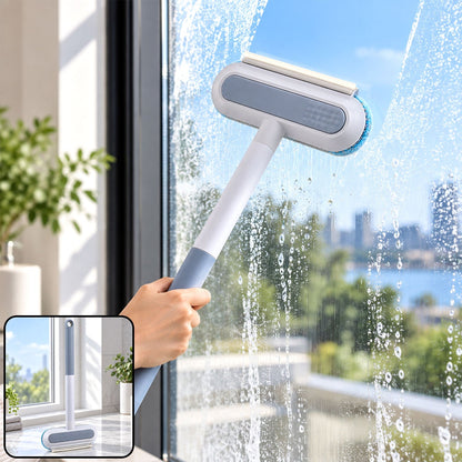 A hand holds a gray and white window cleaning tool against a sudsy window, with a small product image.