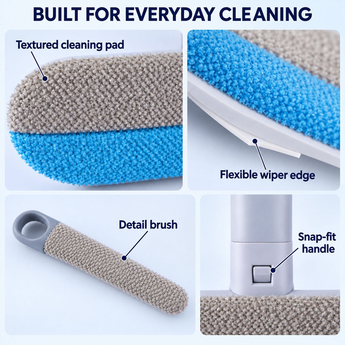 Four close-up views of the cleaning tool, highlighting the textured pad, wiper edge, detail brush, and snap-fit handle.