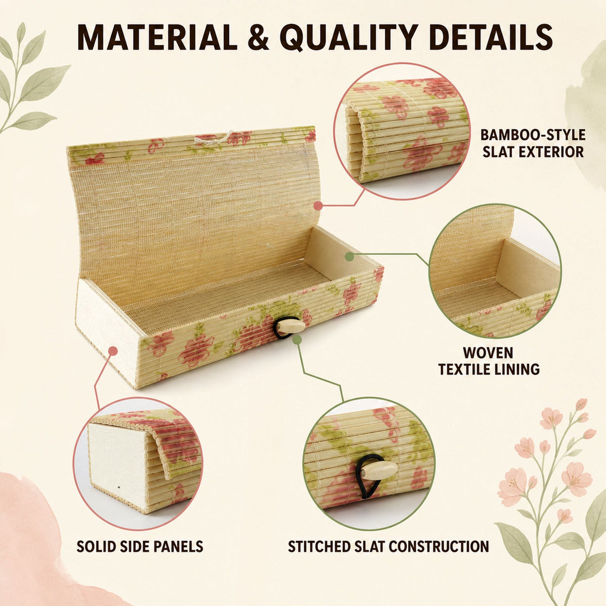 An open bamboo box with a floral pattern, showing details of its slat exterior, woven lining, solid side panels, and