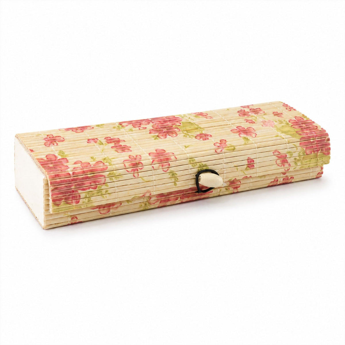 A closed, rectangular bamboo box with a pink floral pattern and a unique roll-top lid, shown on a white background.