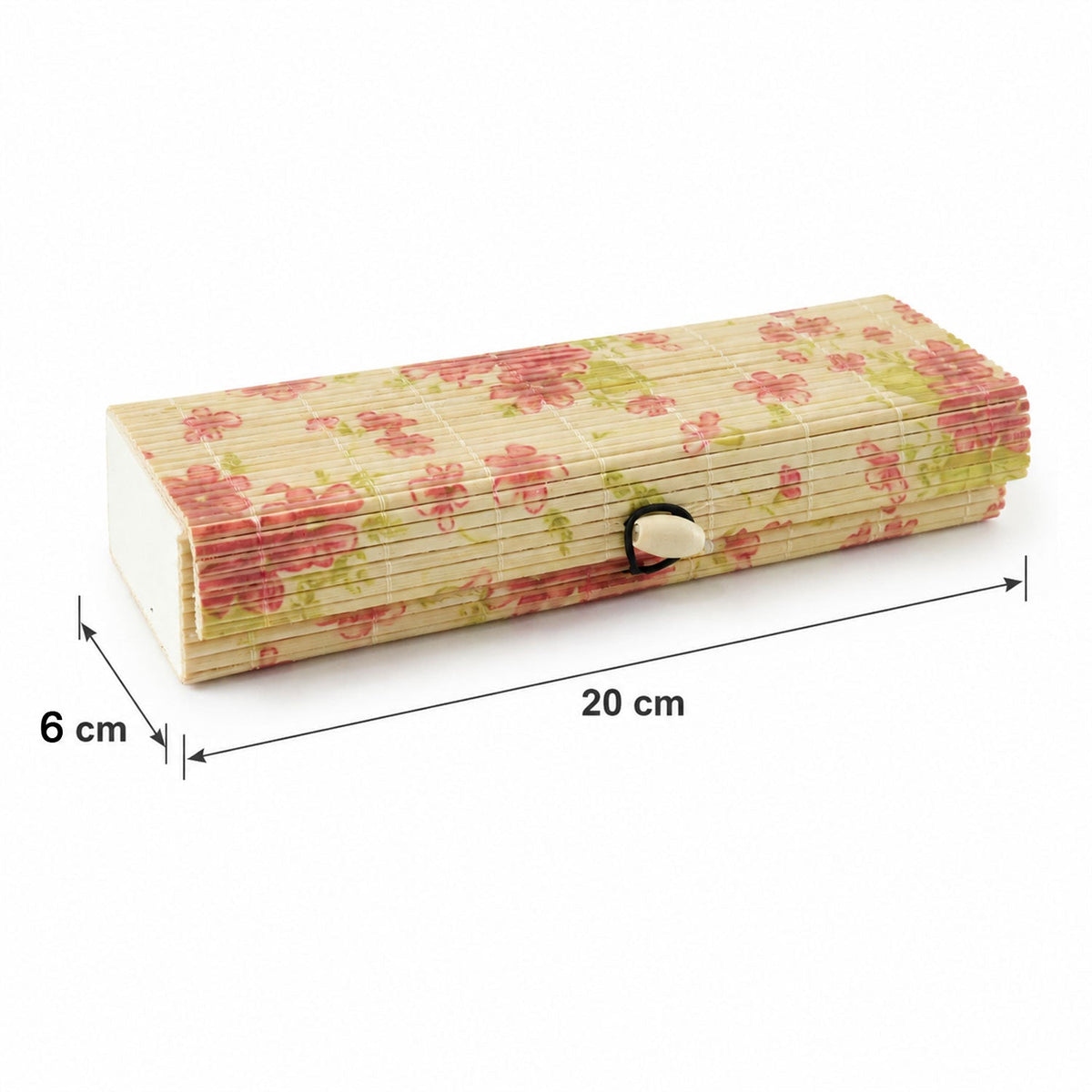 A floral bamboo box with a roll-top lid, displaying its dimensions of 20 cm length and 6 cm width on a white background.