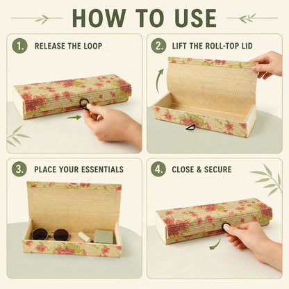 A four-panel graphic illustrating how to open, fill, and close the floral bamboo roll-top storage box.