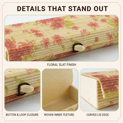 Close-up views of the floral bamboo box, detailing its slat finish, button-loop closure, woven interior, and curved lid edge.