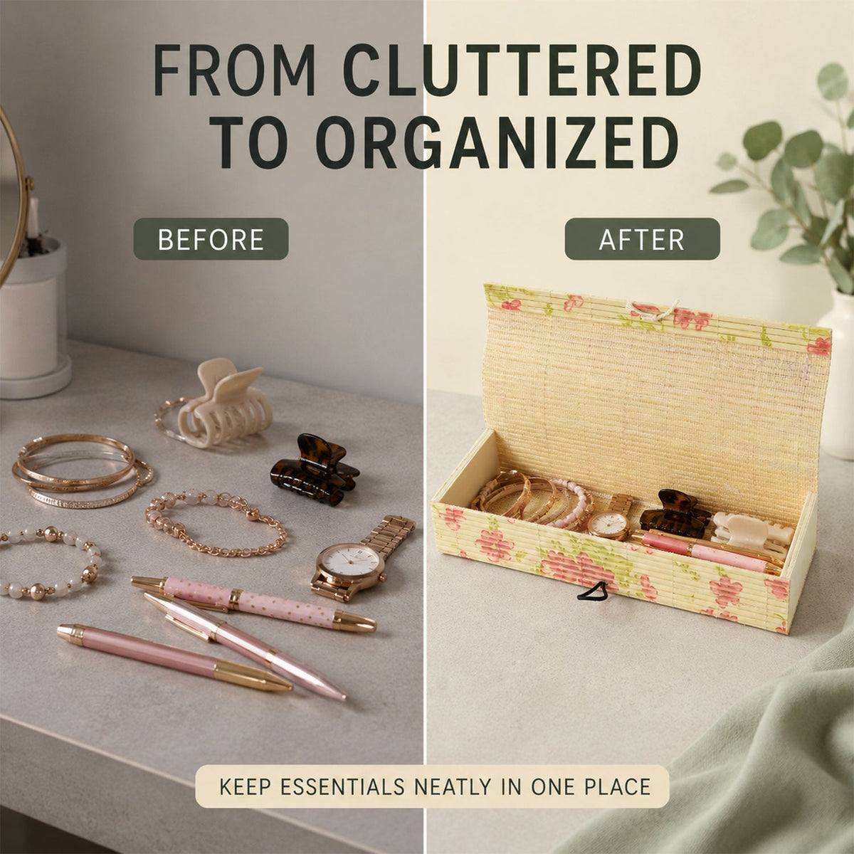 A split image showing a cluttered desk with accessories on the left and the same items neatly organized inside the bamboo