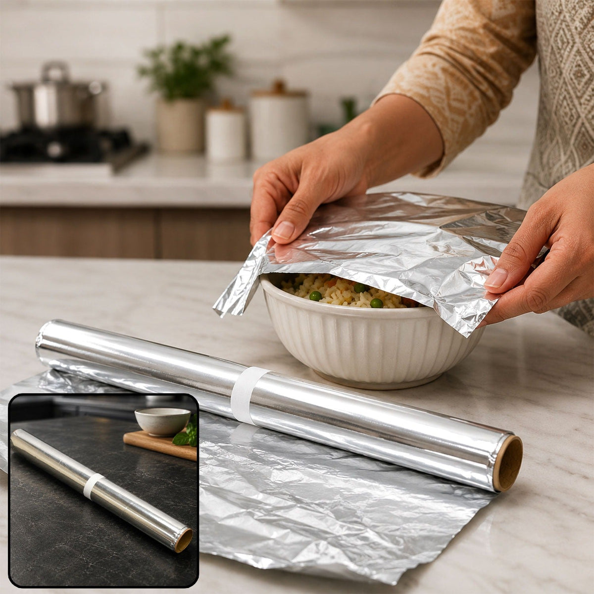 Hands covering a white bowl of rice with a sheet of aluminum foil next to a roll on a marble counter.