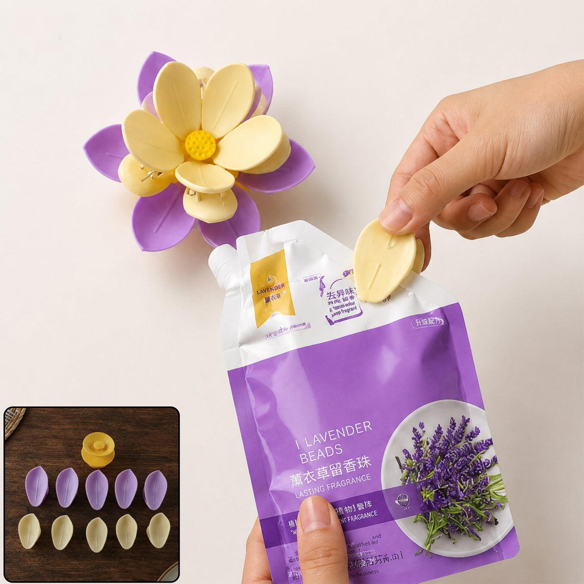 A hand inserting a yellow petal into a purple and yellow flower clip, next to a lavender bead pouch,