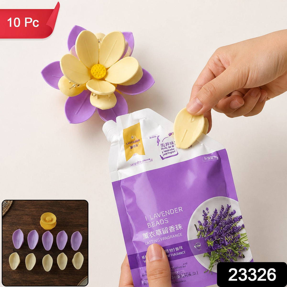 A hand inserting a yellow petal into a purple and yellow flower clip, next to a lavender bead pouch