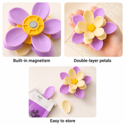 Three close-up views of the flower clip, showing its magnetism, double-layer petals, and easy storage with a lavender pouch.