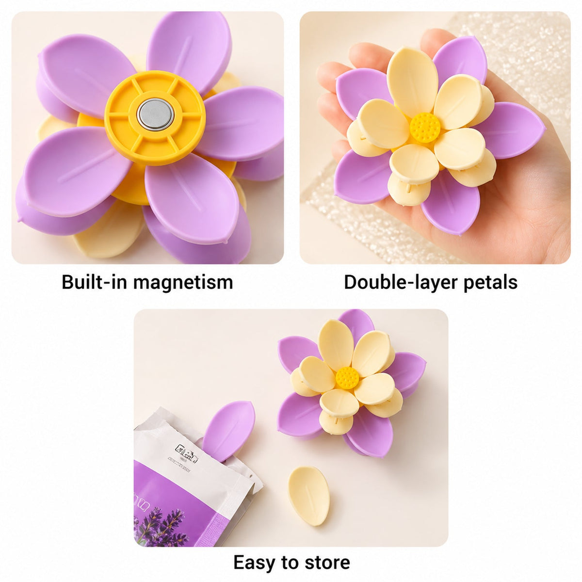 Three close-up views of the flower clip, showing its magnetism, double-layer petals, and easy storage with a lavender pouch.