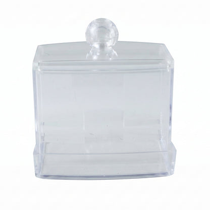 Empty clear acrylic cotton swab dispenser with a round knob on the lid, against a white background.