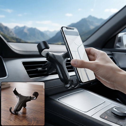 A hand placing a phone into a black gravity lock car phone holder mounted on a car's air vent, with a smaller inset 