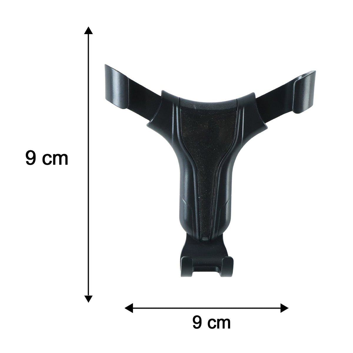 A black gravity lock car phone holder with dimensions of 9 cm by 9 cm displayed on a white background.