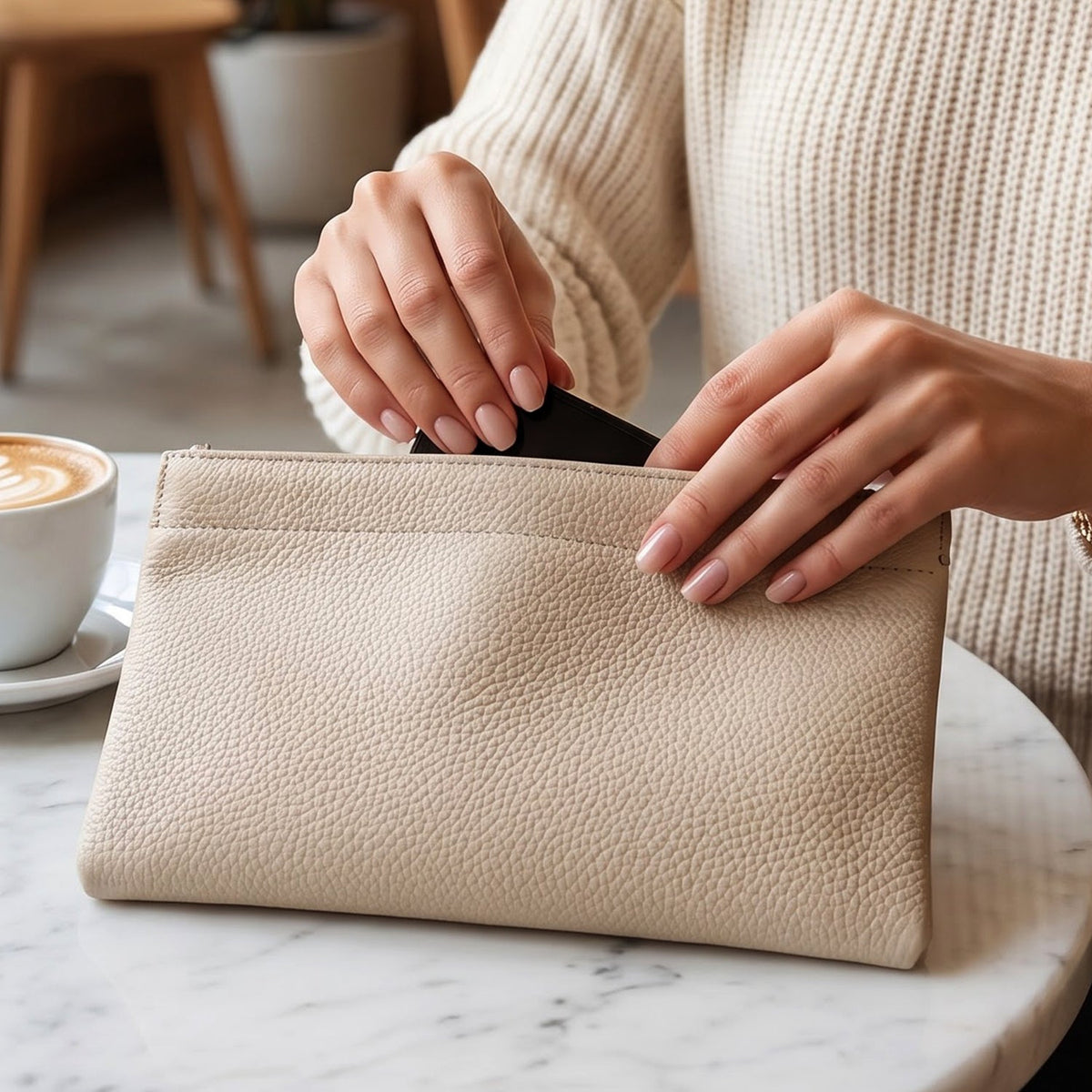 A woman's hands putting a black card into a cream textured faux leather pouch on a marble cafe table, with a coffee – view 3