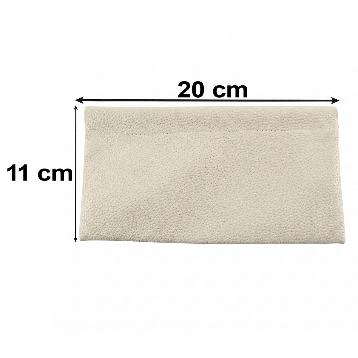 A cream textured faux leather pouch with dimensions of 20 cm length and 11 cm width indicated by black arrows and text.