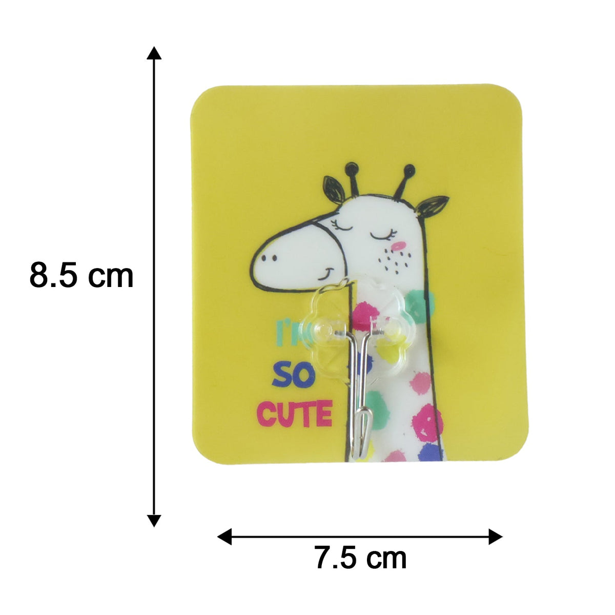 A yellow square wall hook with a cartoon giraffe and text "I'M SO CUTE" is shown with dimensions 8.5 cm height and 7.5 cm