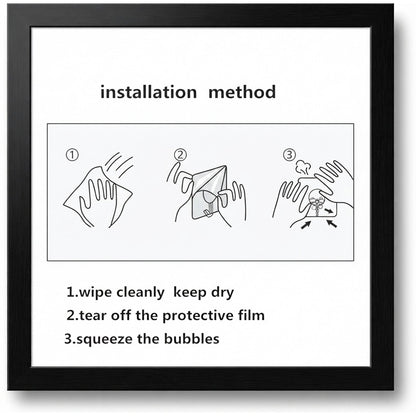 A framed diagram illustrates the installation method for the hook, showing steps to wipe, peel, and squeeze bubbles.