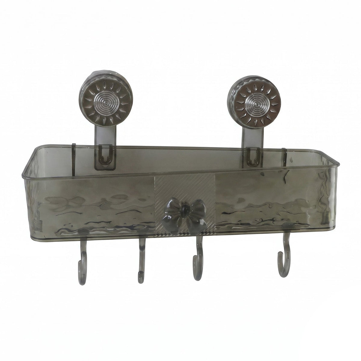 A clear grey plastic caddy with four hooks is mounted on a white background, showcasing its design and functionality.