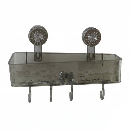 A clear grey plastic caddy with four hooks is mounted on a white background, showcasing its design and functionality.