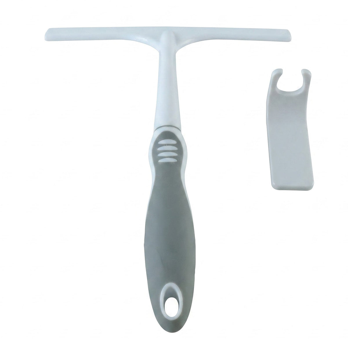 A white and gray glass wiper and a white adhesive hook on a plain white background.