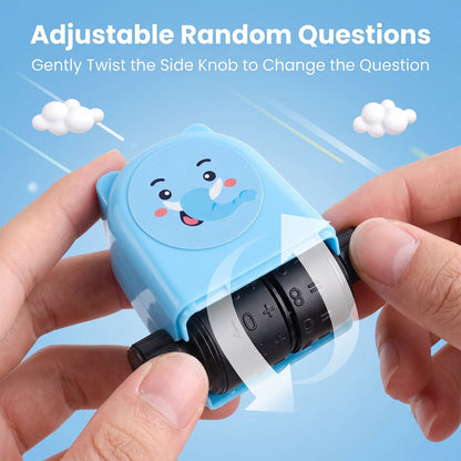 Hands adjust the side knob of a blue elephant math roller stamp, showing the internal rollers changing numbers for addition
