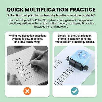 A split image contrasting writing math problems by hand with using the blue elephant math roller stamp to quickly generate