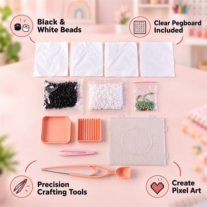 Overhead flat lay of the complete pixel art kit, featuring beads, pegboard, tools, and paper with explanatory text and icons.