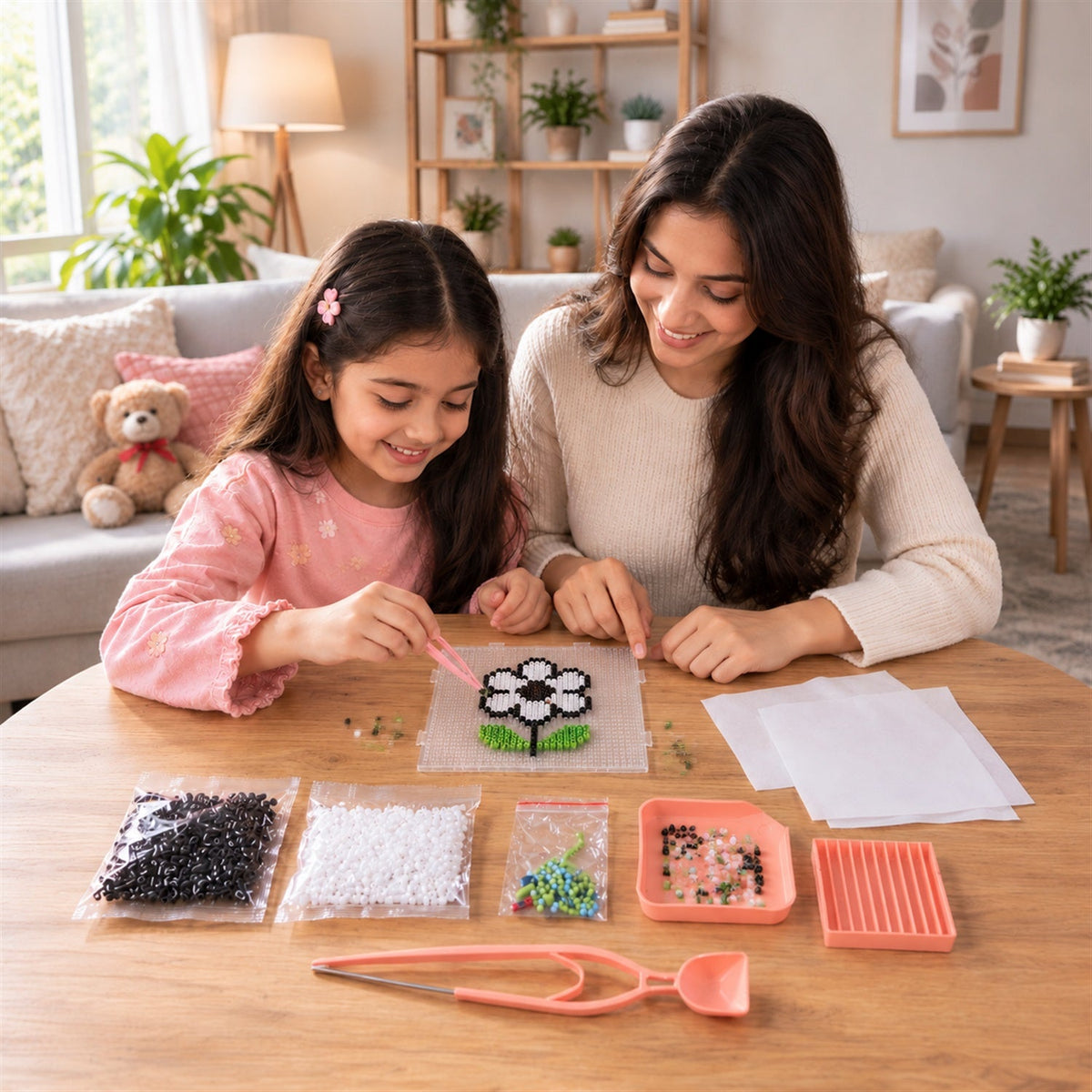 A woman and child smiling while creating a flower design with fuse beads on a pegboard, with kit items spread on a wooden