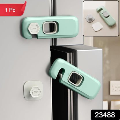 Two green and white child safety locks securing a refrigerator door, with an inset showing the lock parts and '1 Pc' label.