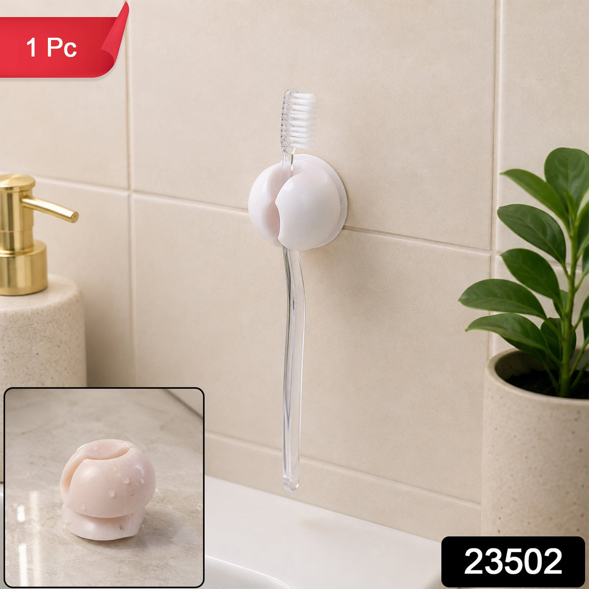 A white toothbrush holder clip on a tiled wall, holding a clear toothbrush above a sink, with a soap dispenser and – view 2